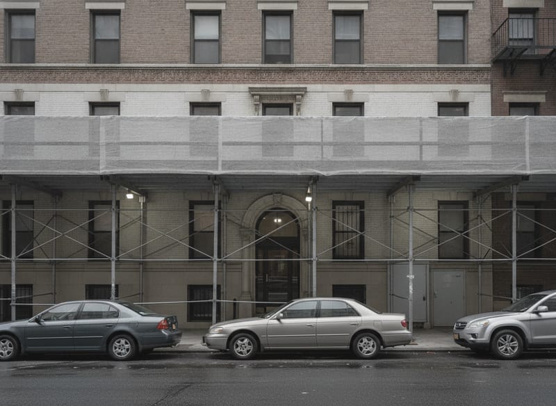 A prewar masonry apartment building behind a sidewalk shed, with a service entrance beside the main doorway and cars parked nose to tail