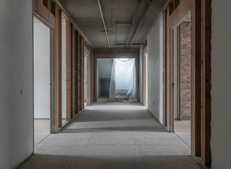 A corridor in a prewar apartment building mid gut-out, walls back to studs, doorframes removed and protective boards covering the floor
